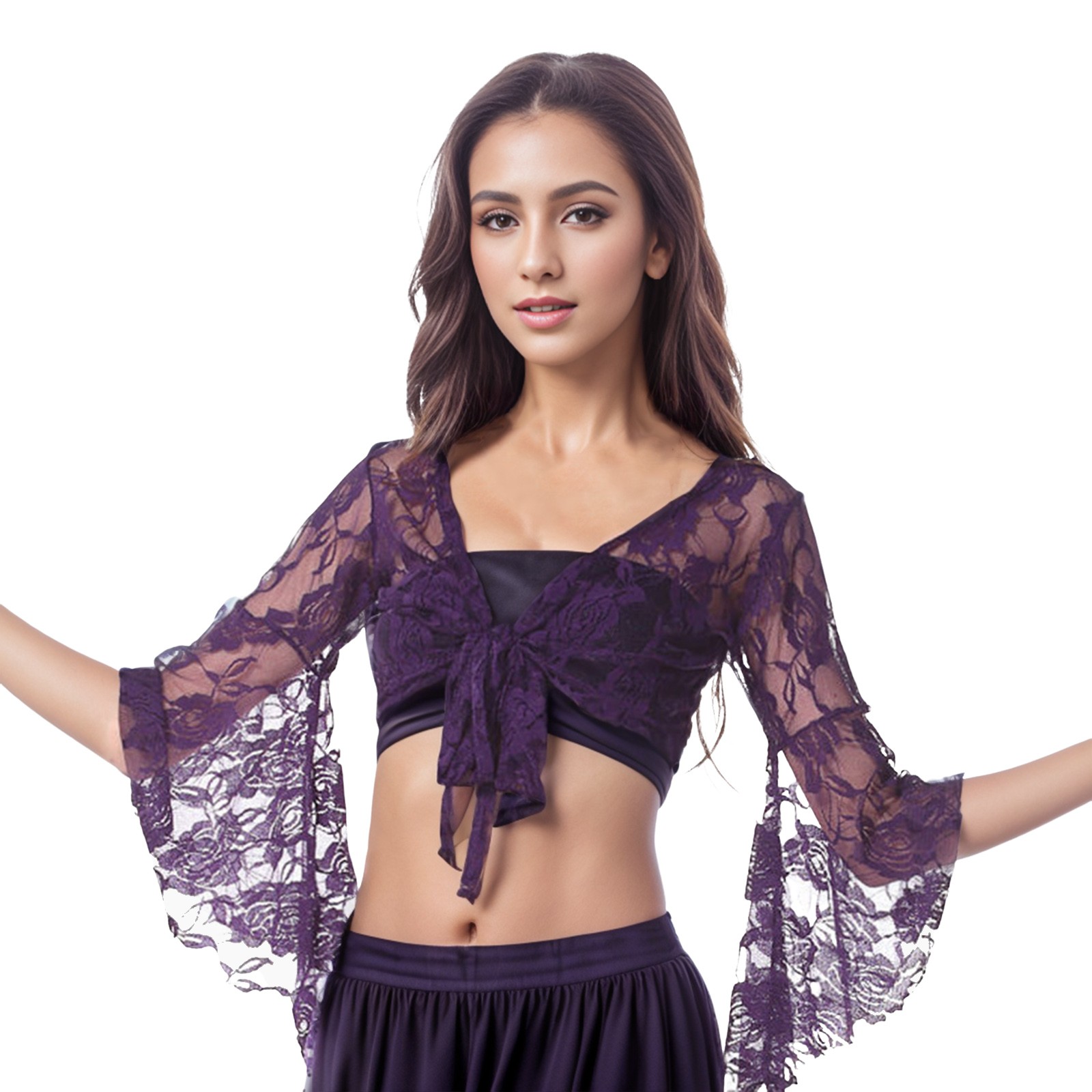 Description Picture 3 of itemWomen Belly Dance Costume Lace Tops Floral Long Sleeve Wrap Carnival Top Outfits Club Party Lace Long Sleeved Cardigan Shawl