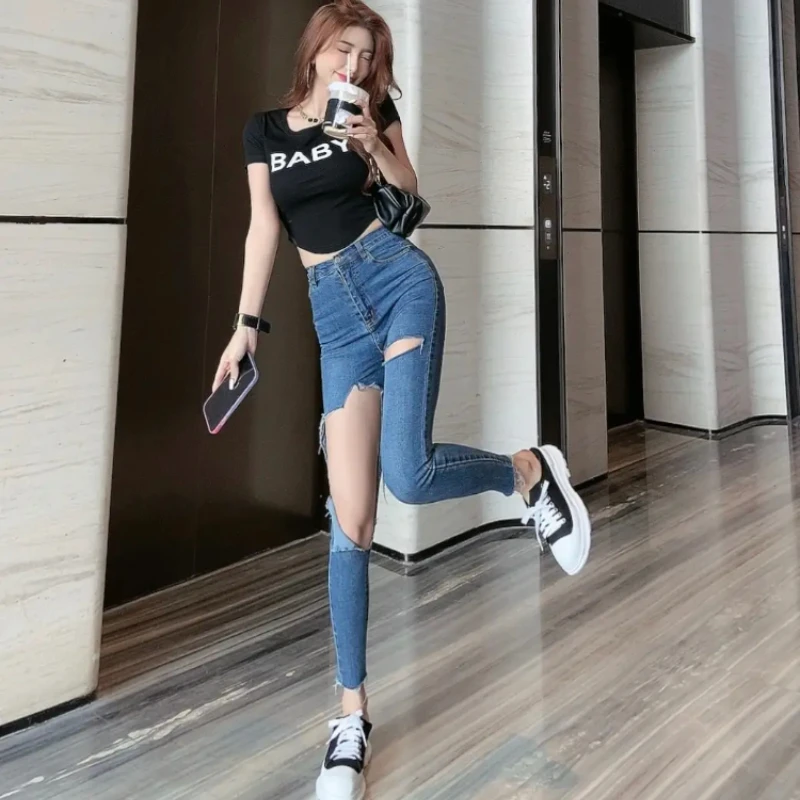 buckle jeans 2022 Trend Ripped Jeans for Women Summer High Waisted Skinny Skinny Dark Blue Cropped Pencil Pants Korean Fashion Streetwear cargo pants for women