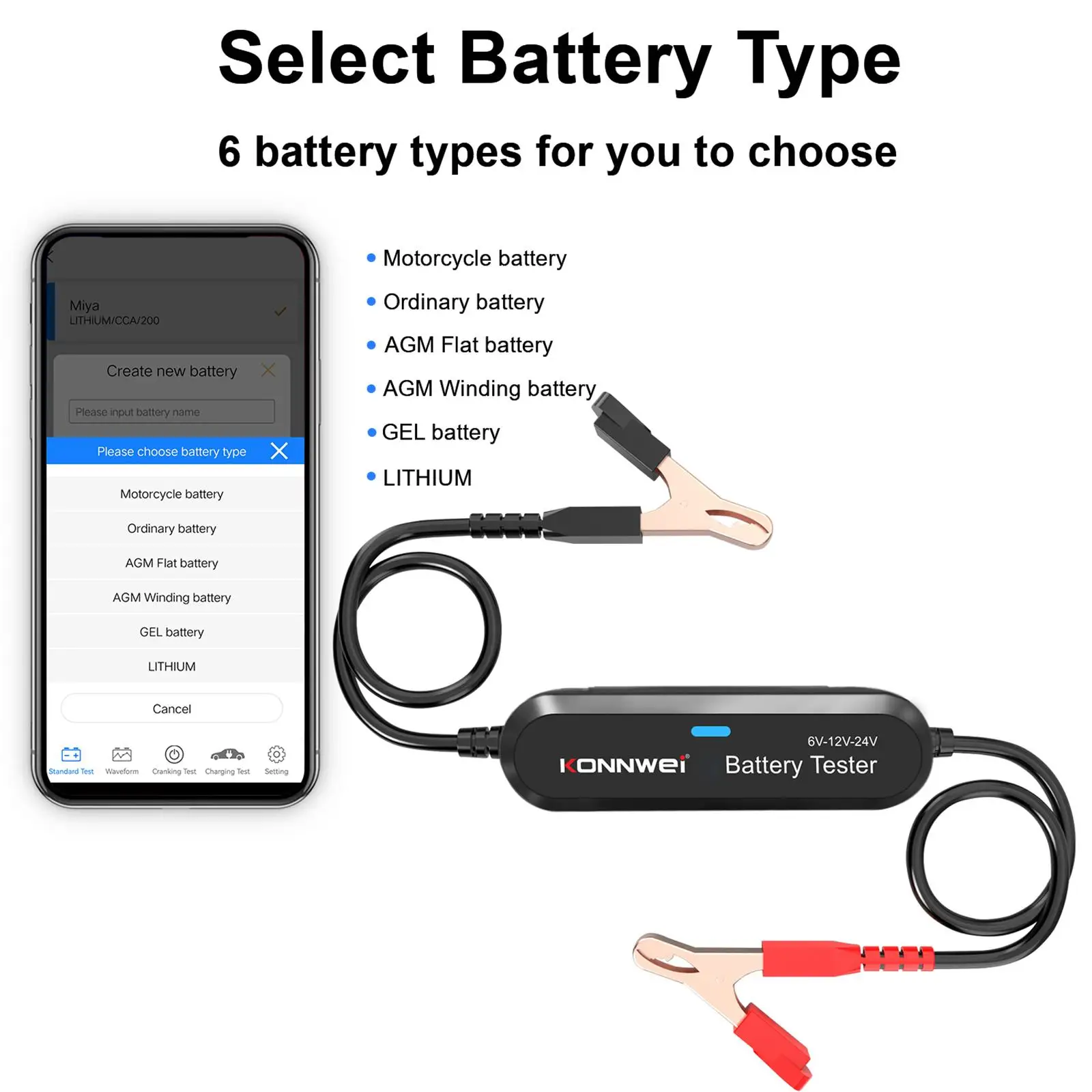 Bluetooth Car Battery Testing Tool 100-2000CCA 6V 12V 24V for Boat RV