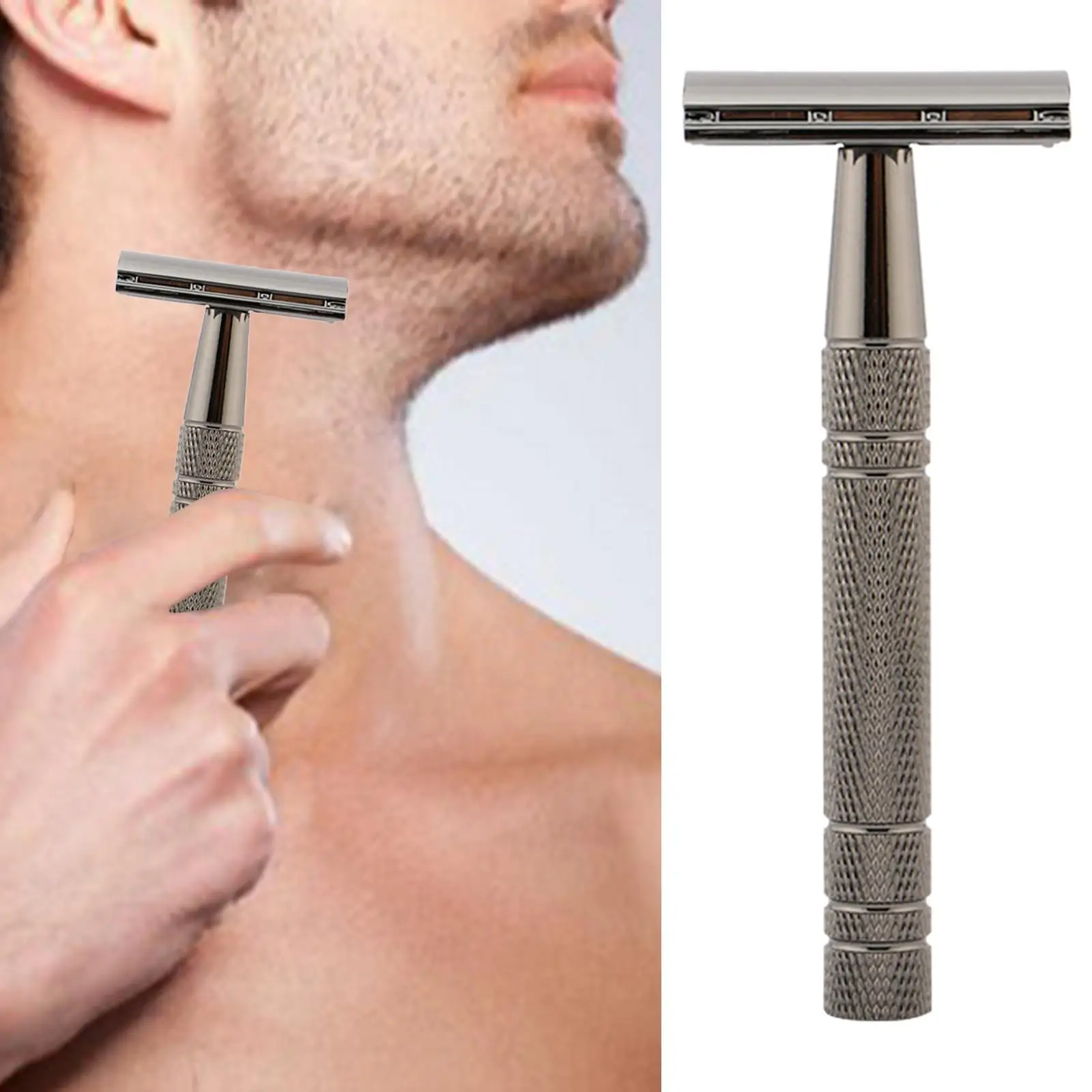 Double Edge Safety Razor Shaving Long Handle Face Hair Removal for Men with 5Pcs Razor Blades