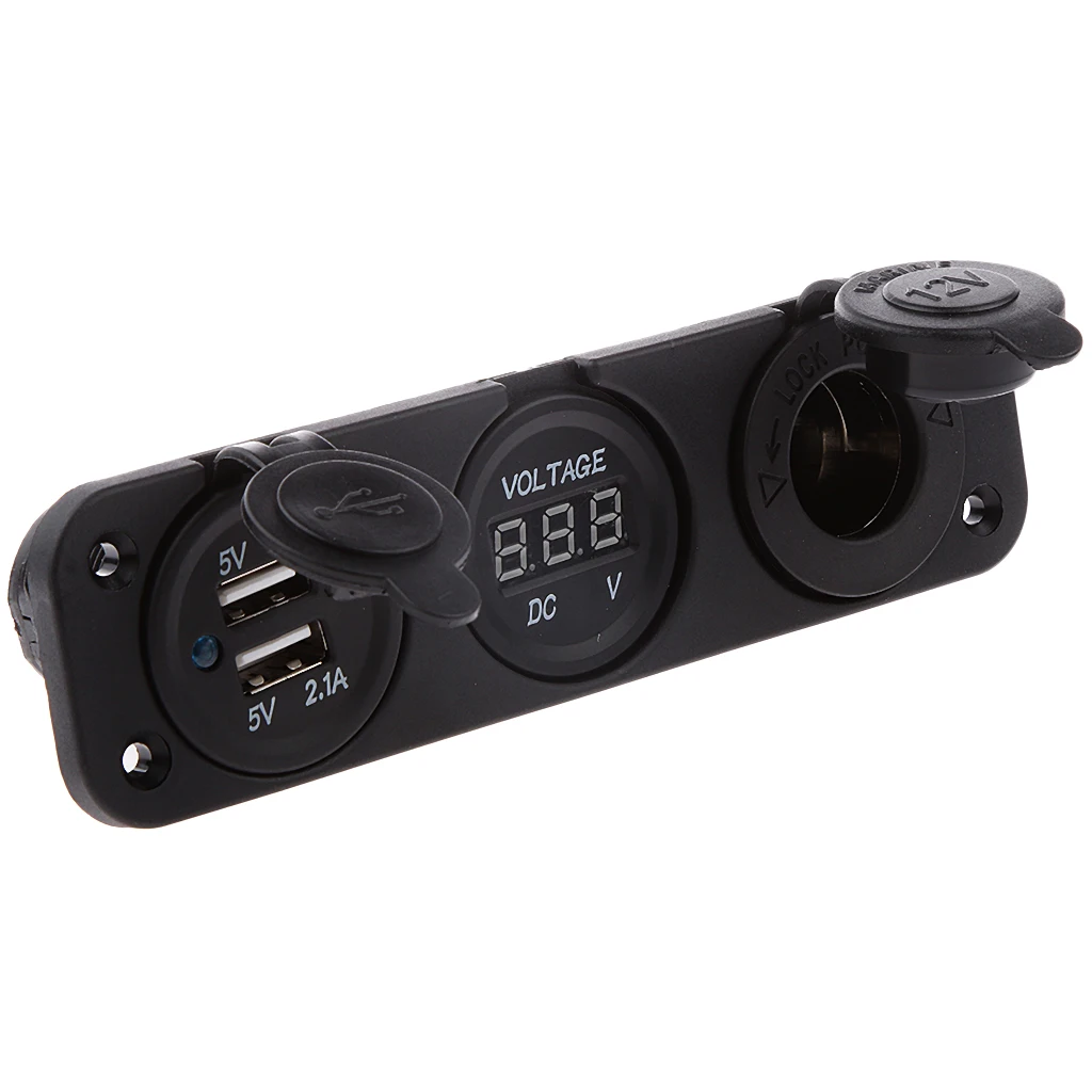 Marine 12V Cigarette Lighter Socket + Voltmeter + USB Charger 5V 1A 2.1A