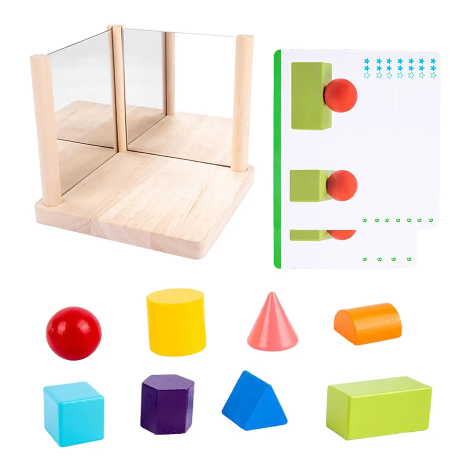 8Pieces 3 Wooden Mirror Blocks with 11 Cards Building Early Educational Development Montessori Training Interactive  Toys 