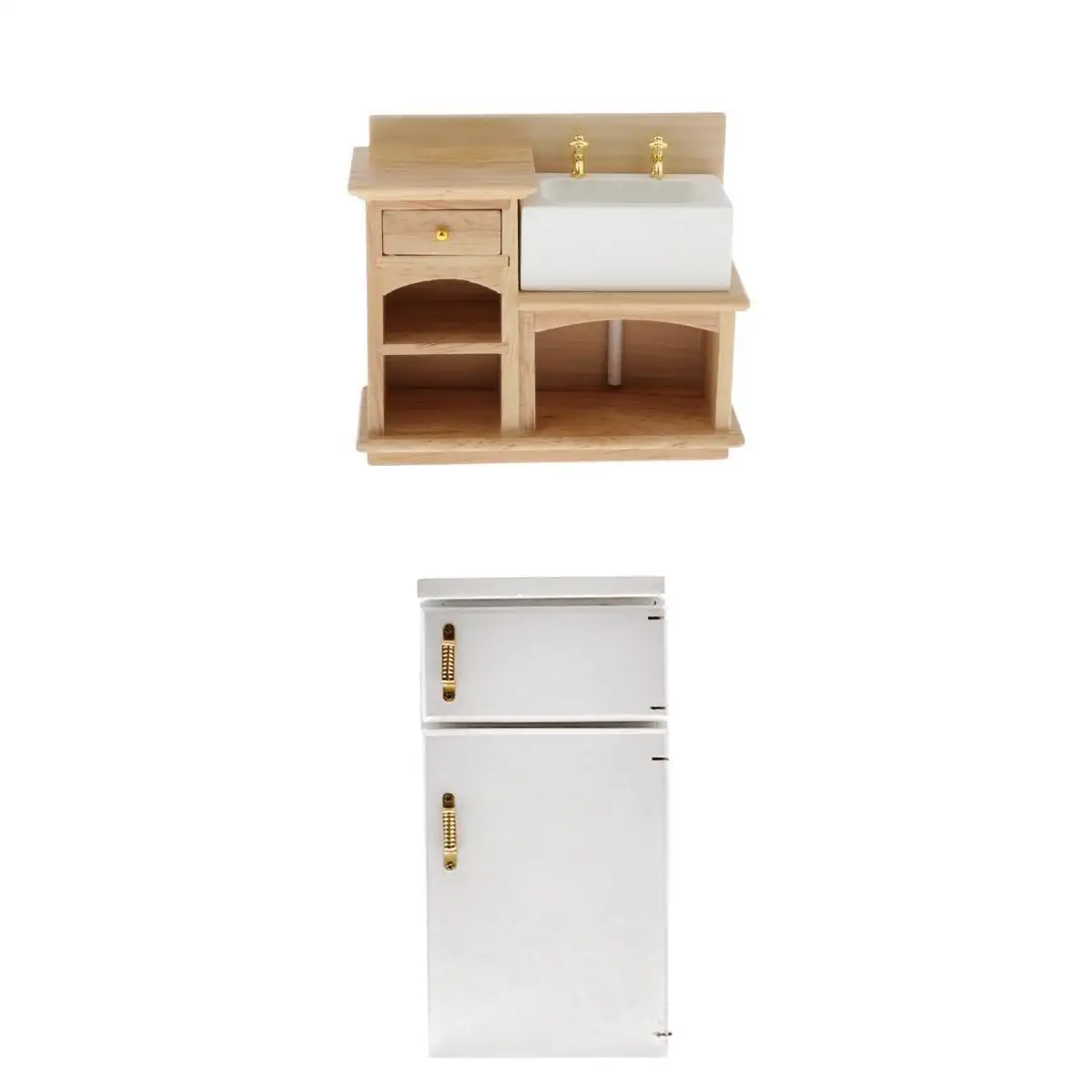  Mini Dollhouse Refrigerator Wooden Compact Dollhouse Furniture Mini Refrigerator and Wash Basin Sink for Toddler Dollhouse 