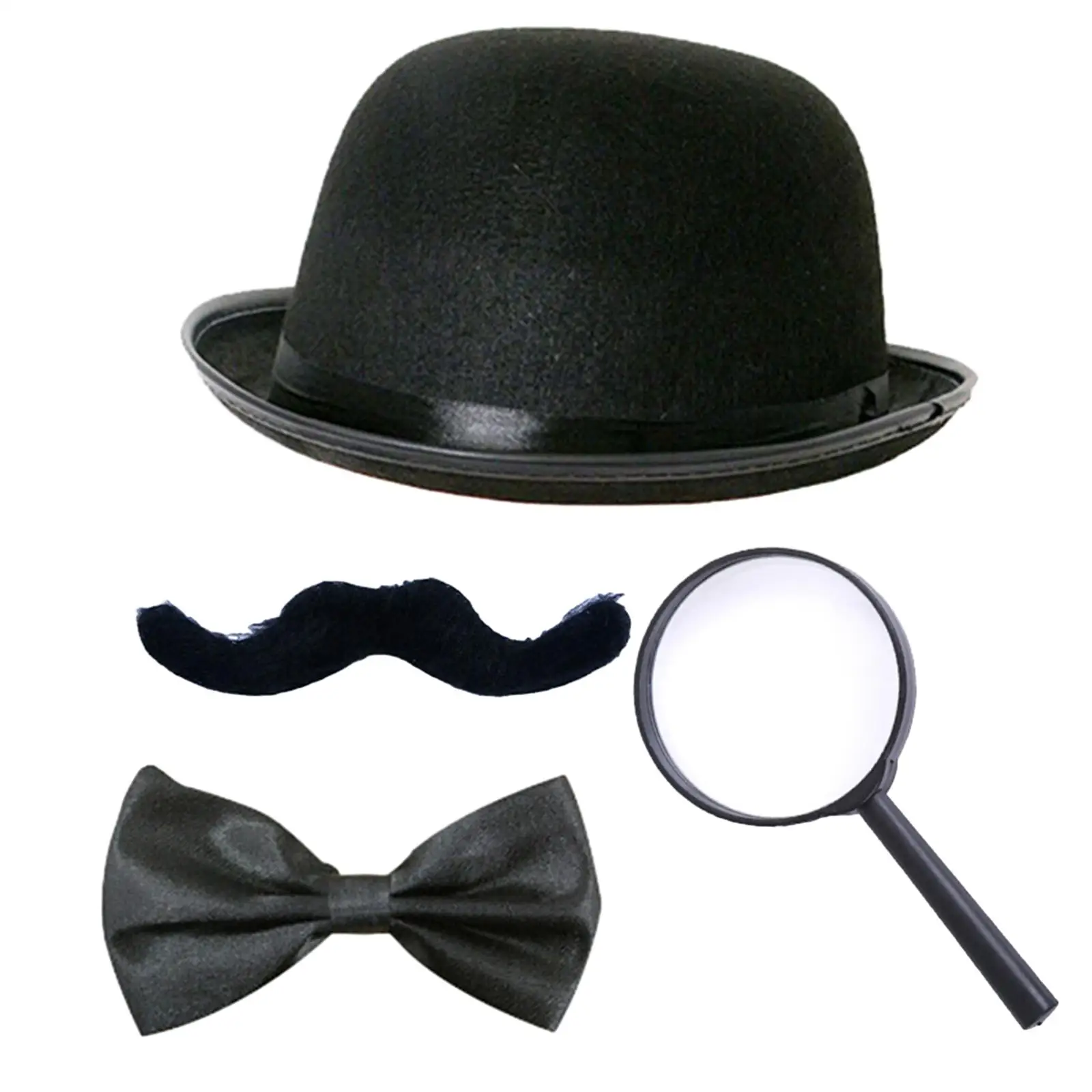 Beard Bow Tie Hat Magnifying Glass Masquerade Halloween Magician Costume Set