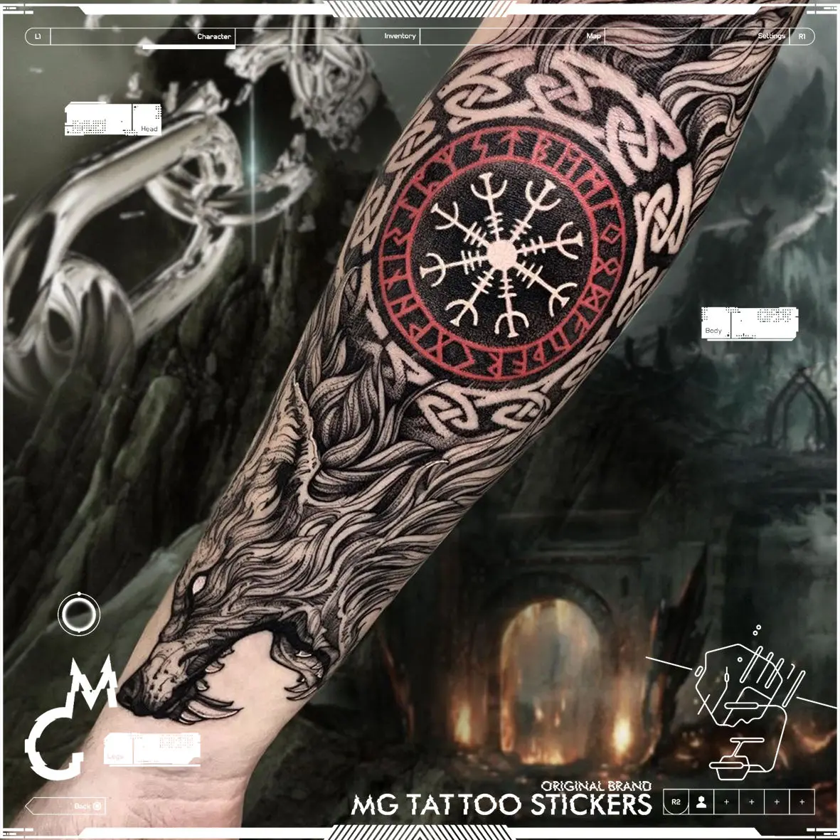 14*28cm Dark Cool Wolf Head Mysticism Big Picture Flower Arm Tattoo Stickers for Men and Women