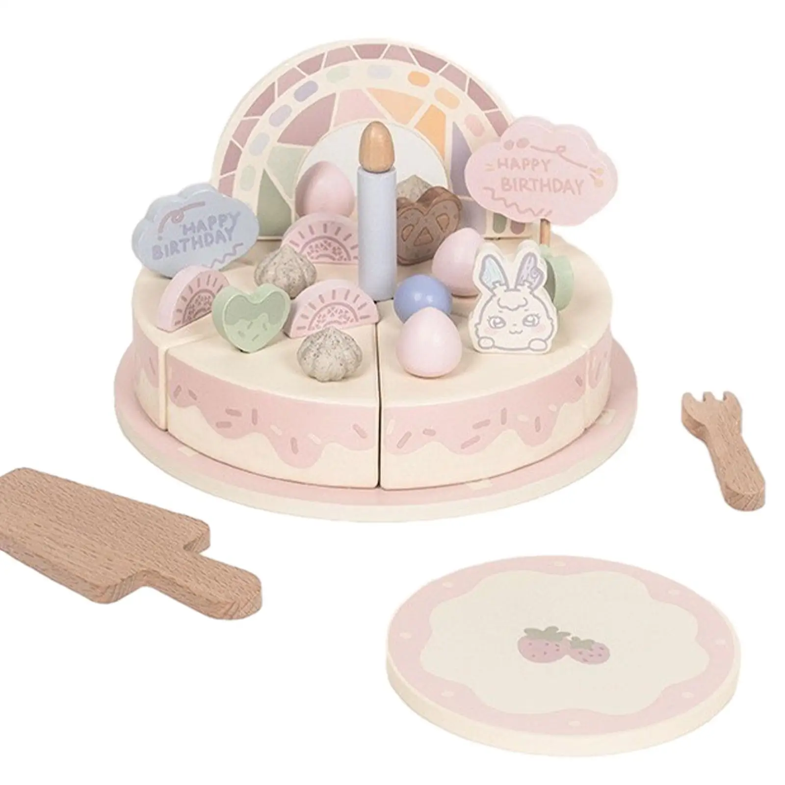 Wooden Birthday Party Cream Cake Play Food Set DIY Pretend Play with Candles Birthday Cake Toy Food Play Set for Girls Boys Kids