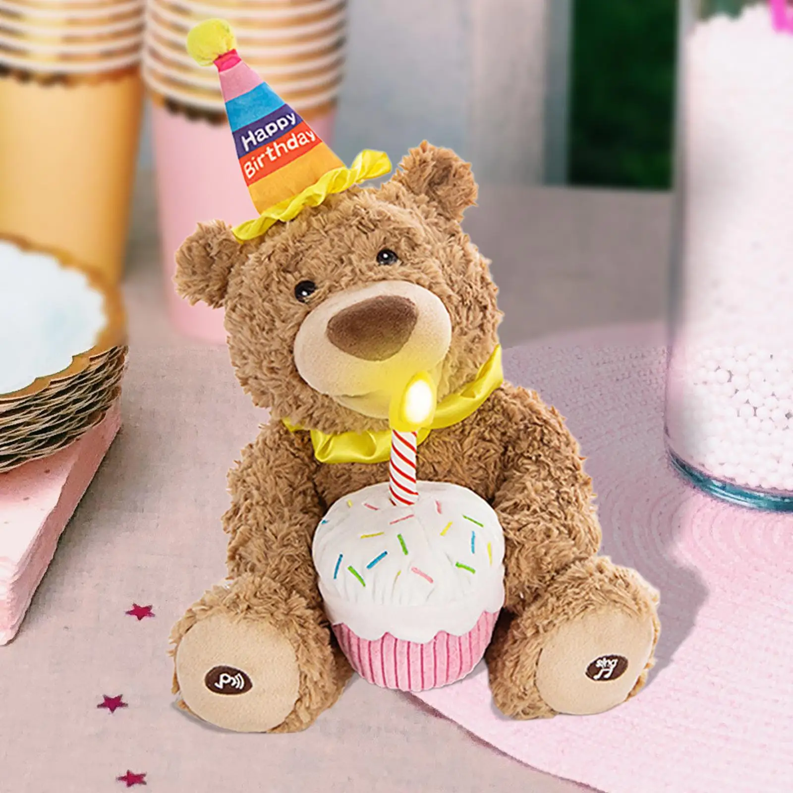 Electronic Interactive Plush Bear with Cupcake and LED Candle for 14.57``