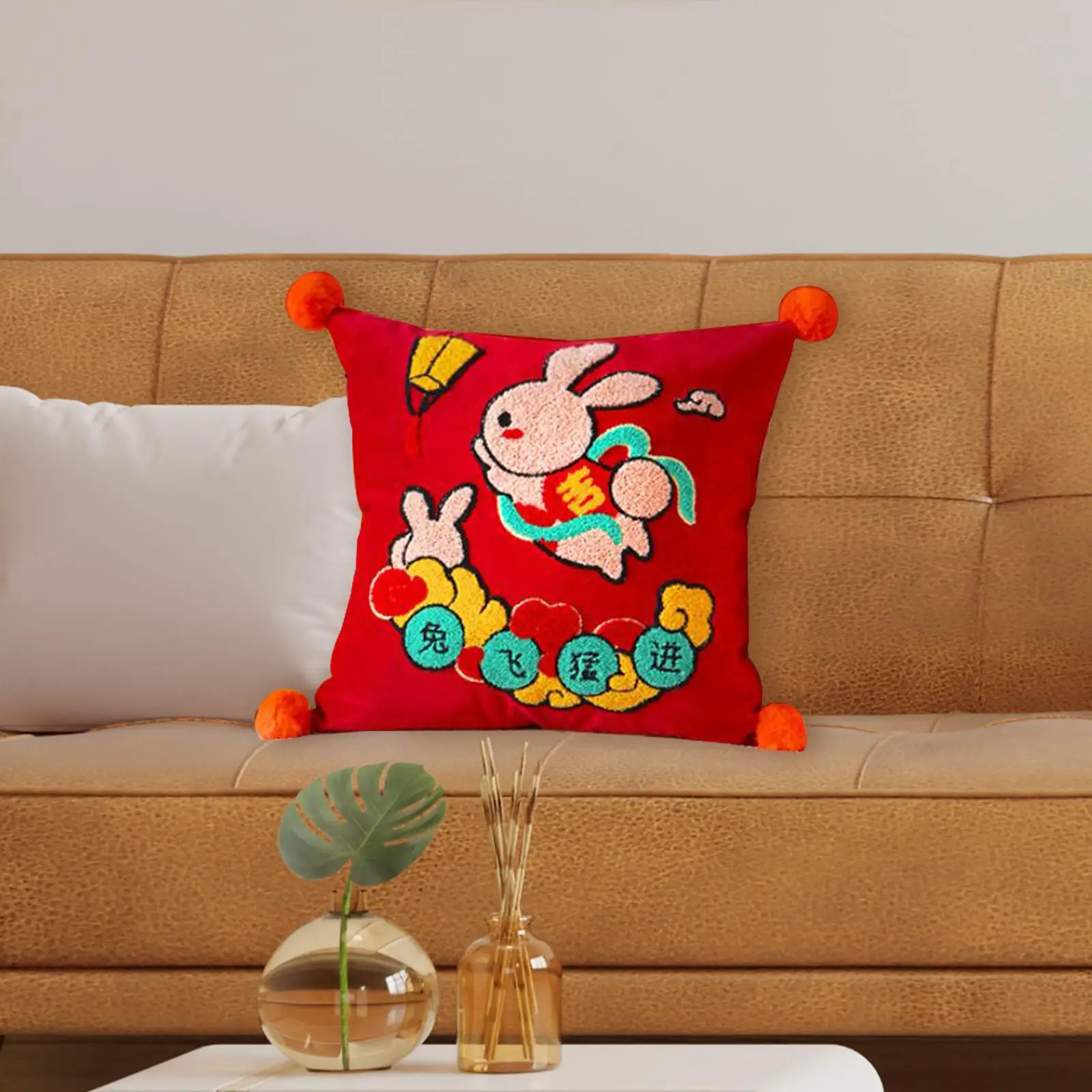 Chinese Rabbit Pillow Case Velvet Throw Pillow Cover Oriental Embroidered