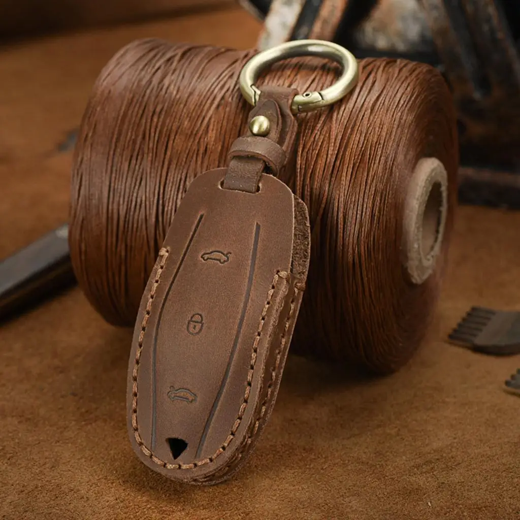 Leather Key Fob Buttons Holder for Tesla/S/x/Y Key Case