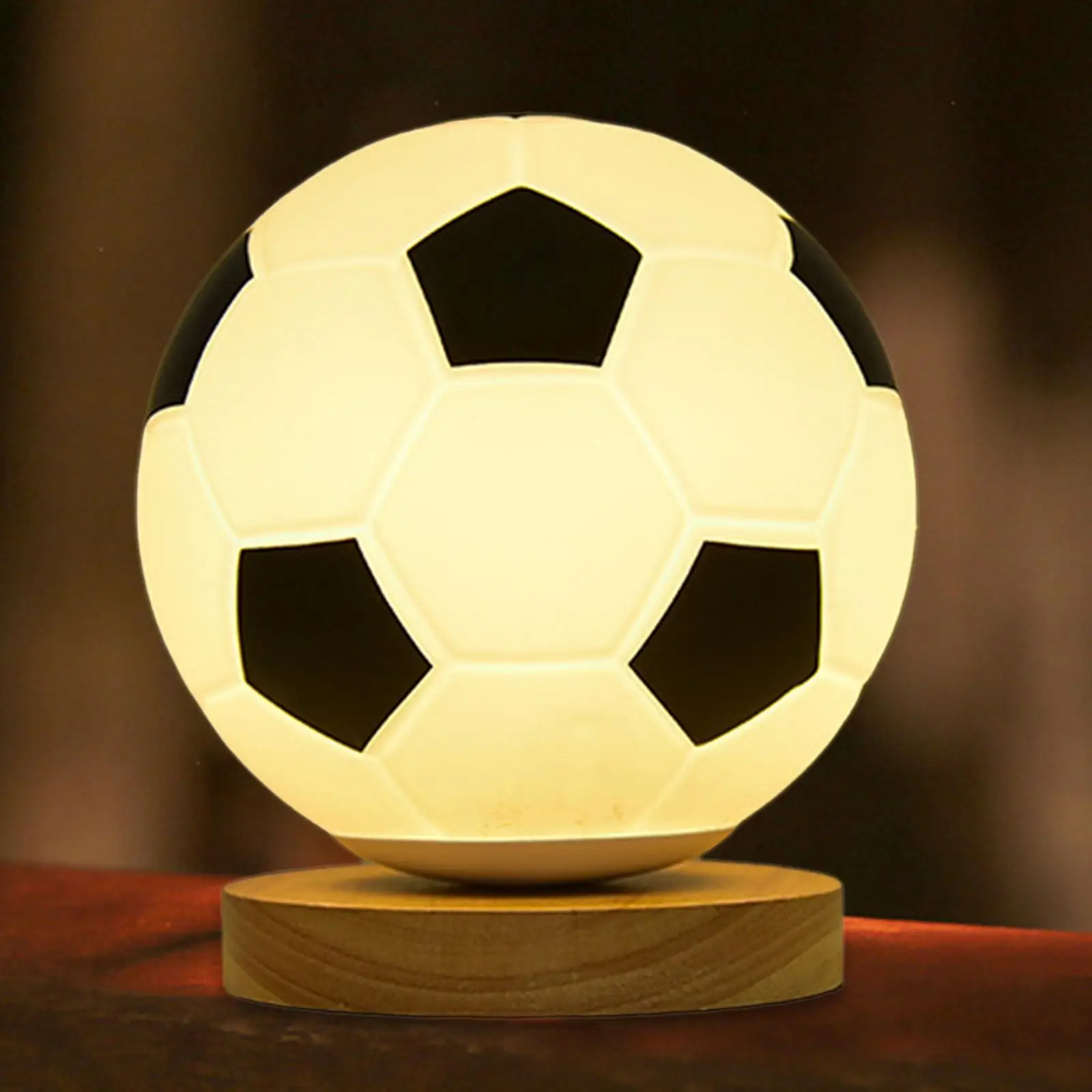 Football Lamp USB LED Night Light Dimmable with Wooden Base Table Lamp Warm Mood Lighting for Study Bedroom Kids Gift