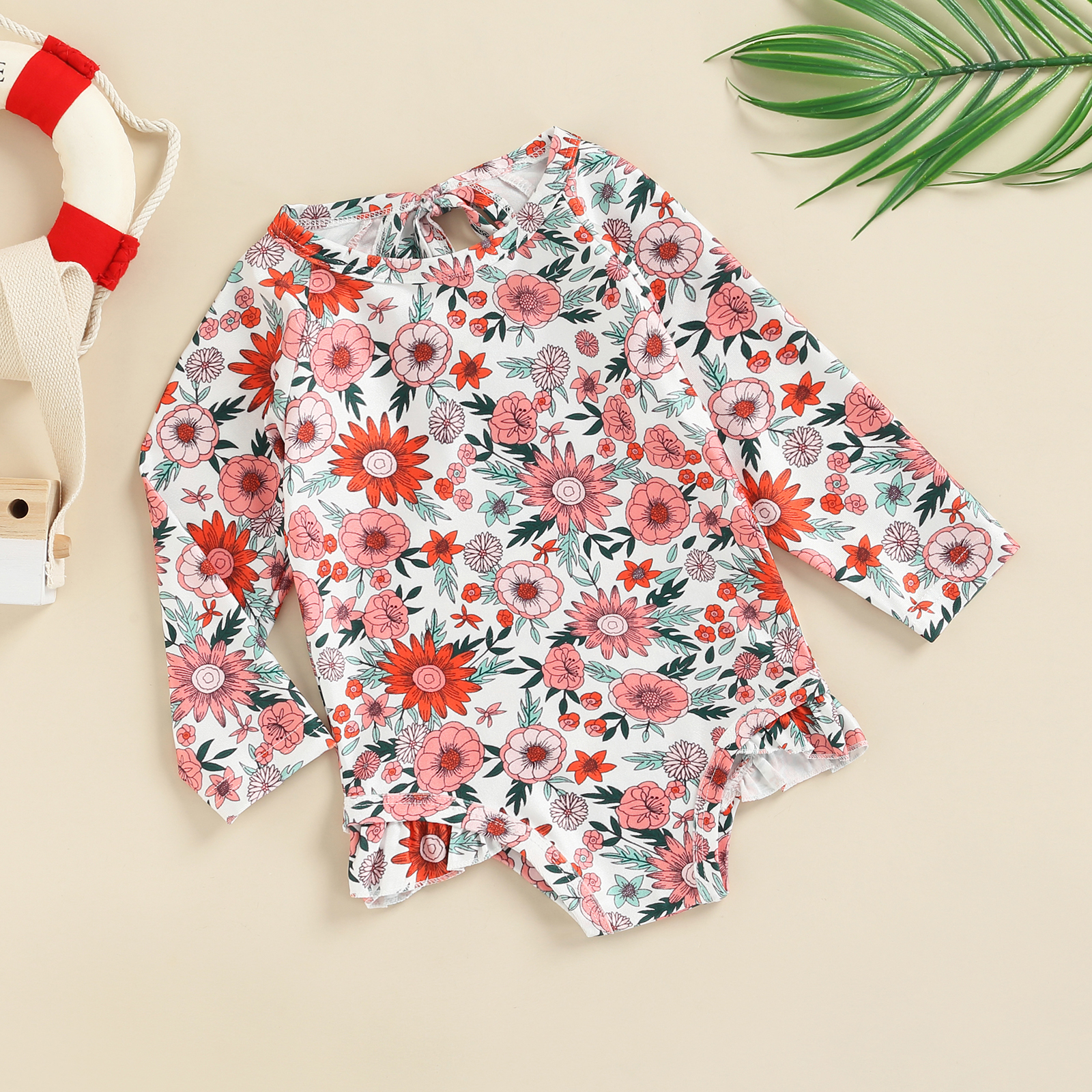Infant Kind Baby Mädchen Lässig Bademode, Herz/Blume Print Rundhals Langarm Badeanzug, weiß/Rot/Orange 1-6T – Detail 3