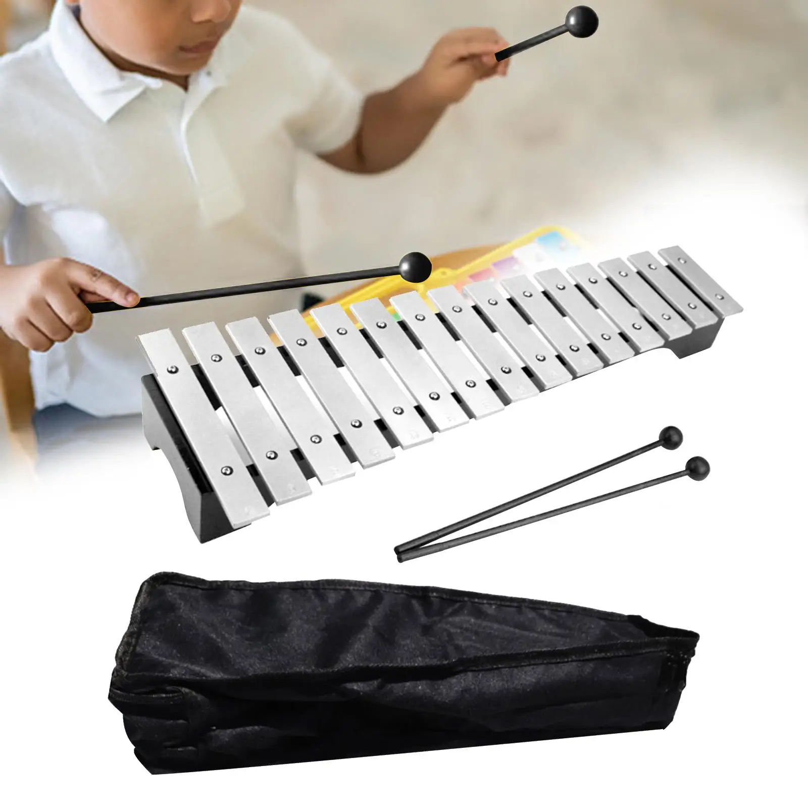 15 Note Glockenspiel Percussion Xylophone with Carry Case and Mallets Percussion Kit Music Instrument for Players Band Beginner