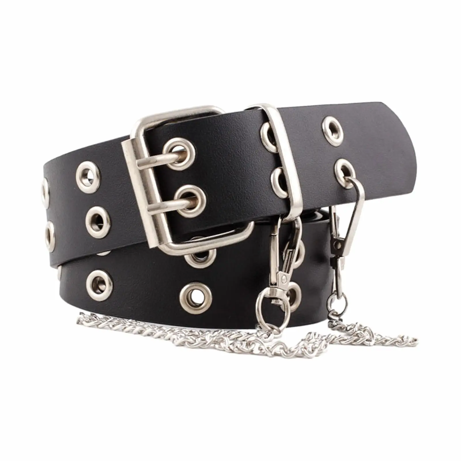 Double Grommet Belt Gothic Eyelet Punk PU Leather Double Prong Buckle Rock Womens Waist Belt for Club Cosplay Jeans Party Men