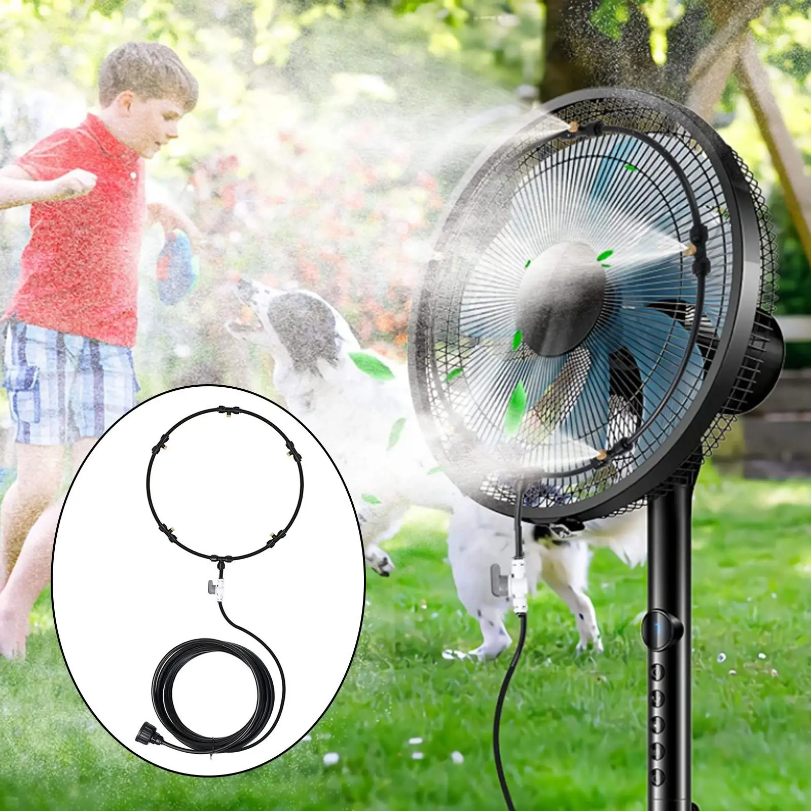 Outdoor Fan Misting System Kit DIY Water Mister Fans with 5 Mist Nozzles Garden Spray Irrigation Sprinkler for Backyard Outside