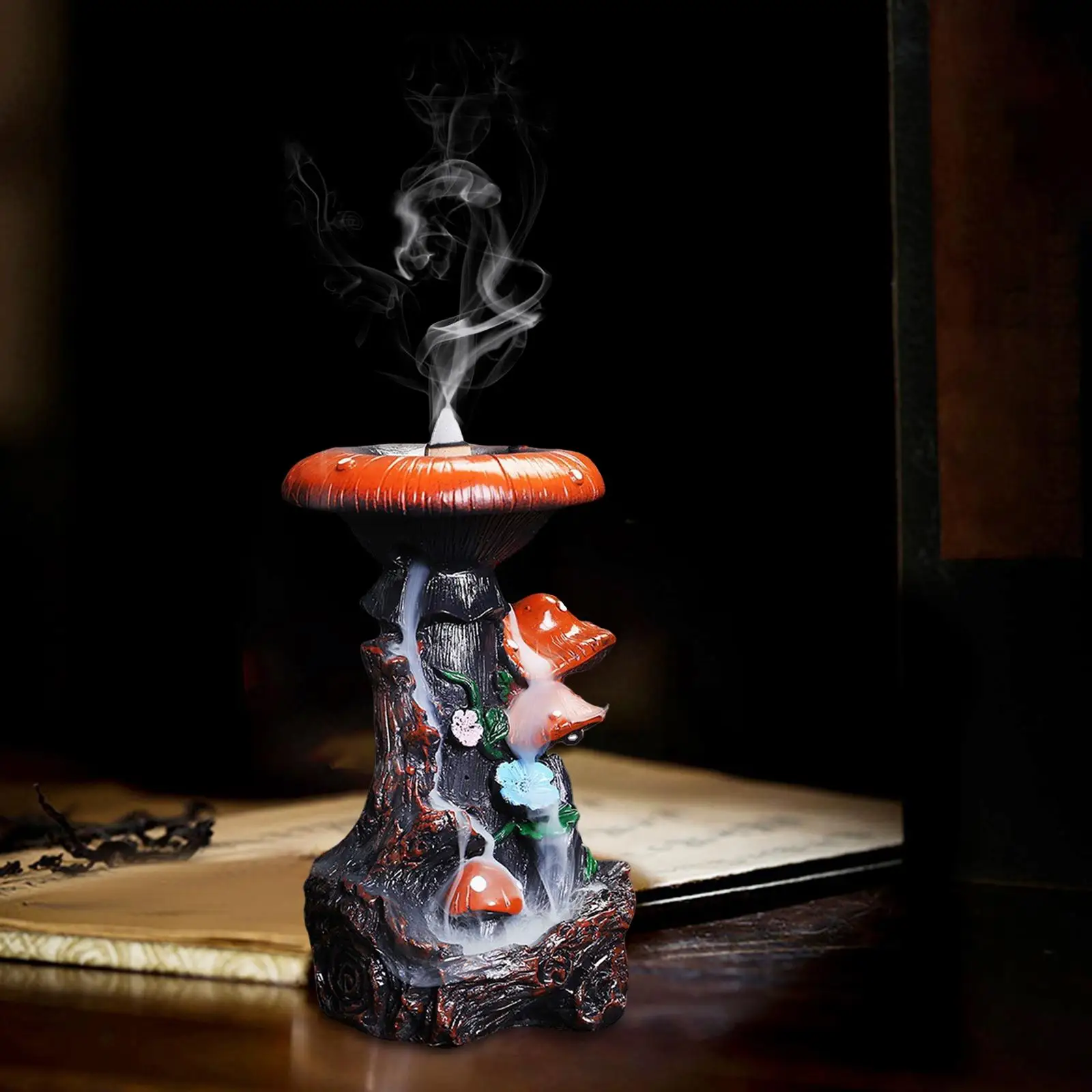Creative Resin Backflow Incense Burner Mushroom Statue Craft Ornaments Waterfall Incense Burner Holder for Desktop Home Decor