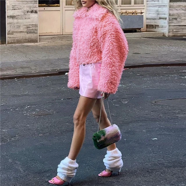 Y2K Long Oversized Pink Fluffy Faux Fur Coat – Aesthetics Boutique
