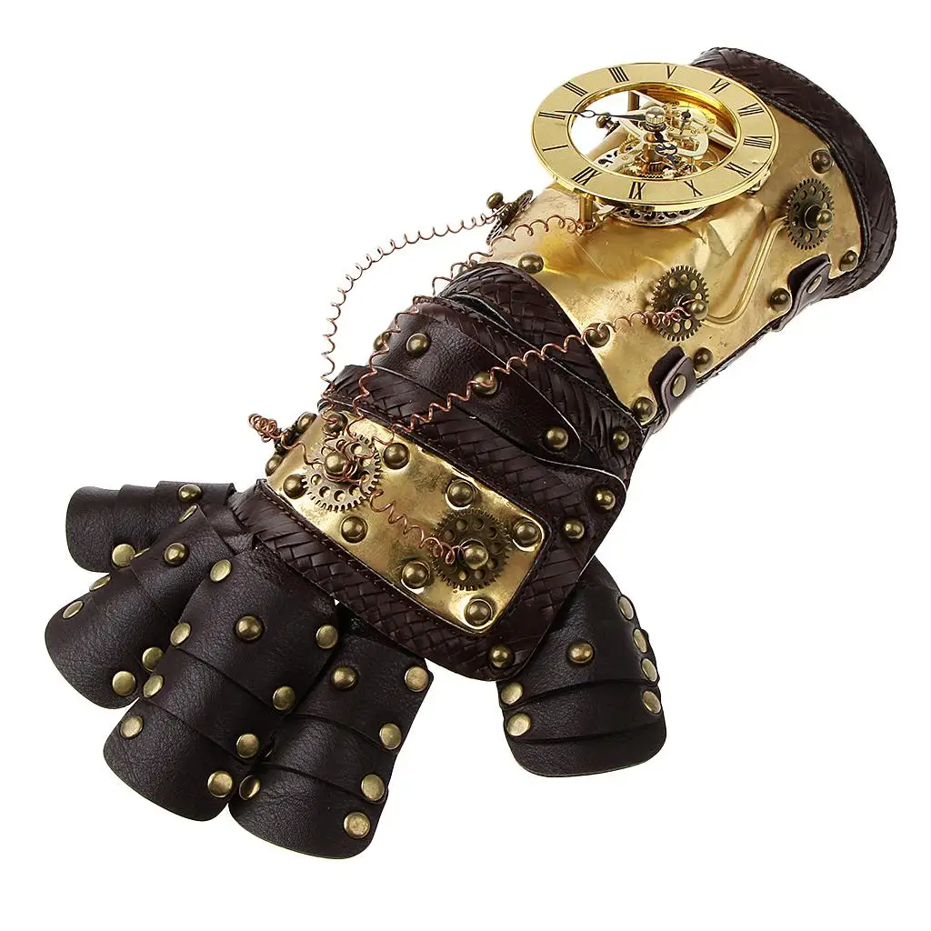 Vintage Gothic Steampunk Leather Arm Band Cuff Metal Covered Long Gloves  Pirate Costume