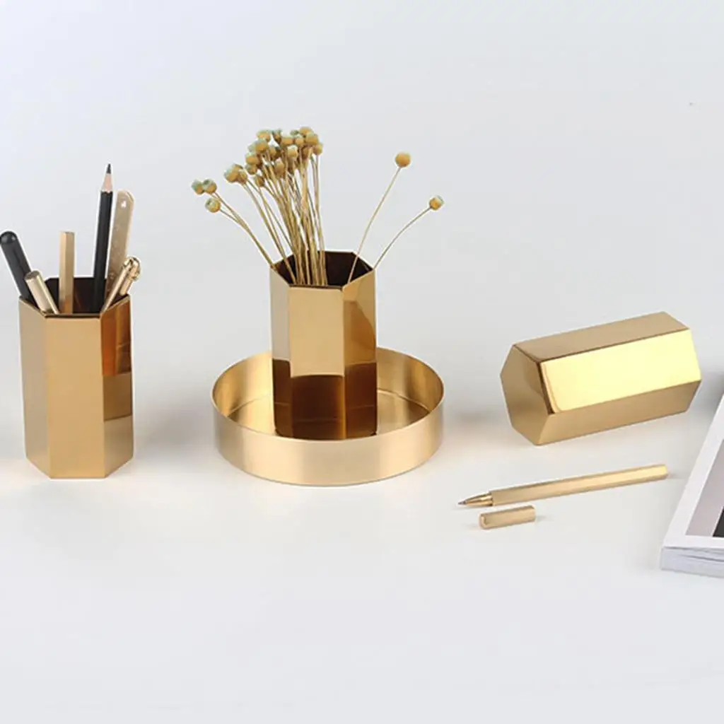 Modern Gold Hexagonal Metal Pencil Holder  Desk Organizer, Perfect for decorating desk/table and bringing a touch of fun you