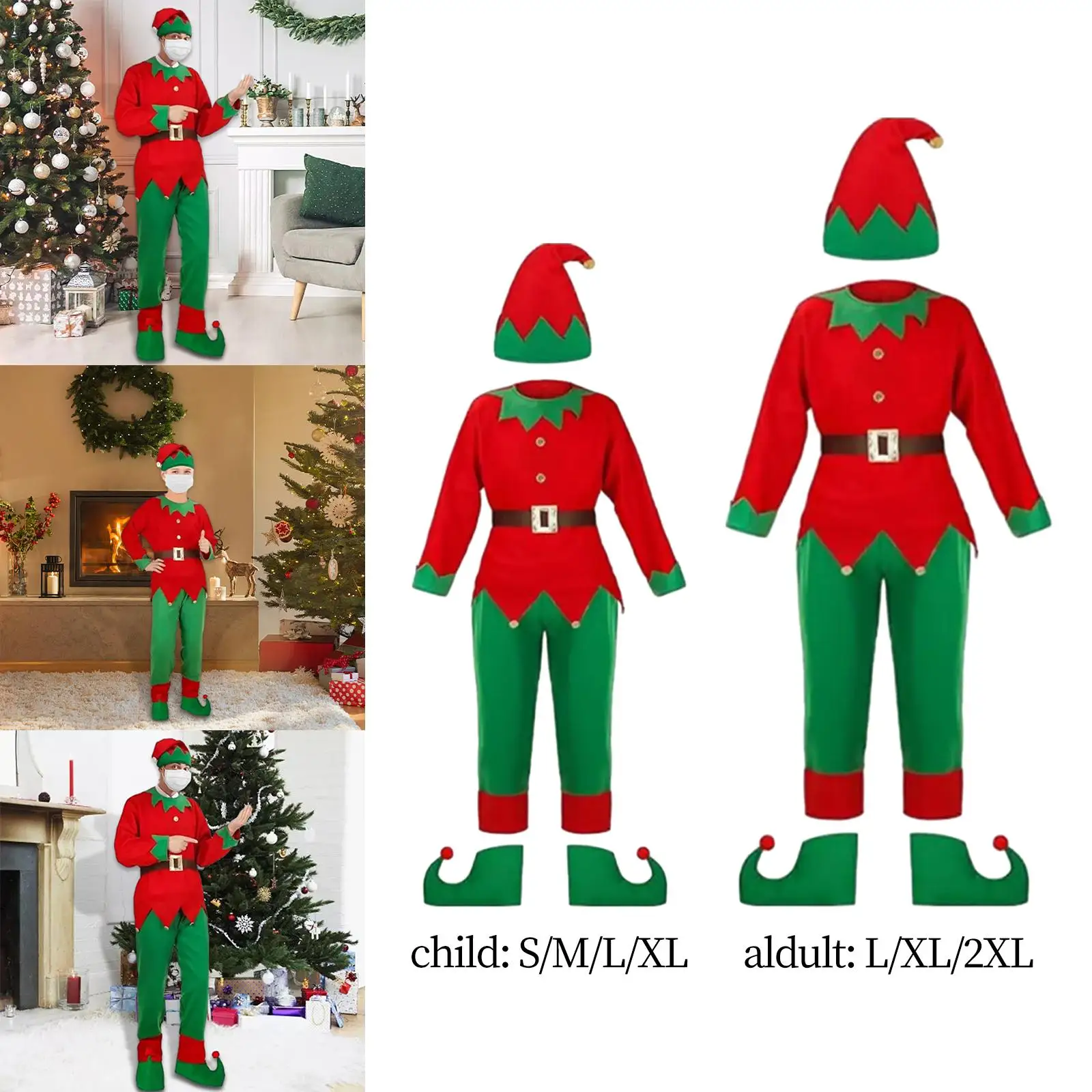 Christmas Elf Costumes Xmas Outfit Clothes with Elf Hat Shoes Cover Belt Elf Cosplay Costume for Festive New Year Role Play