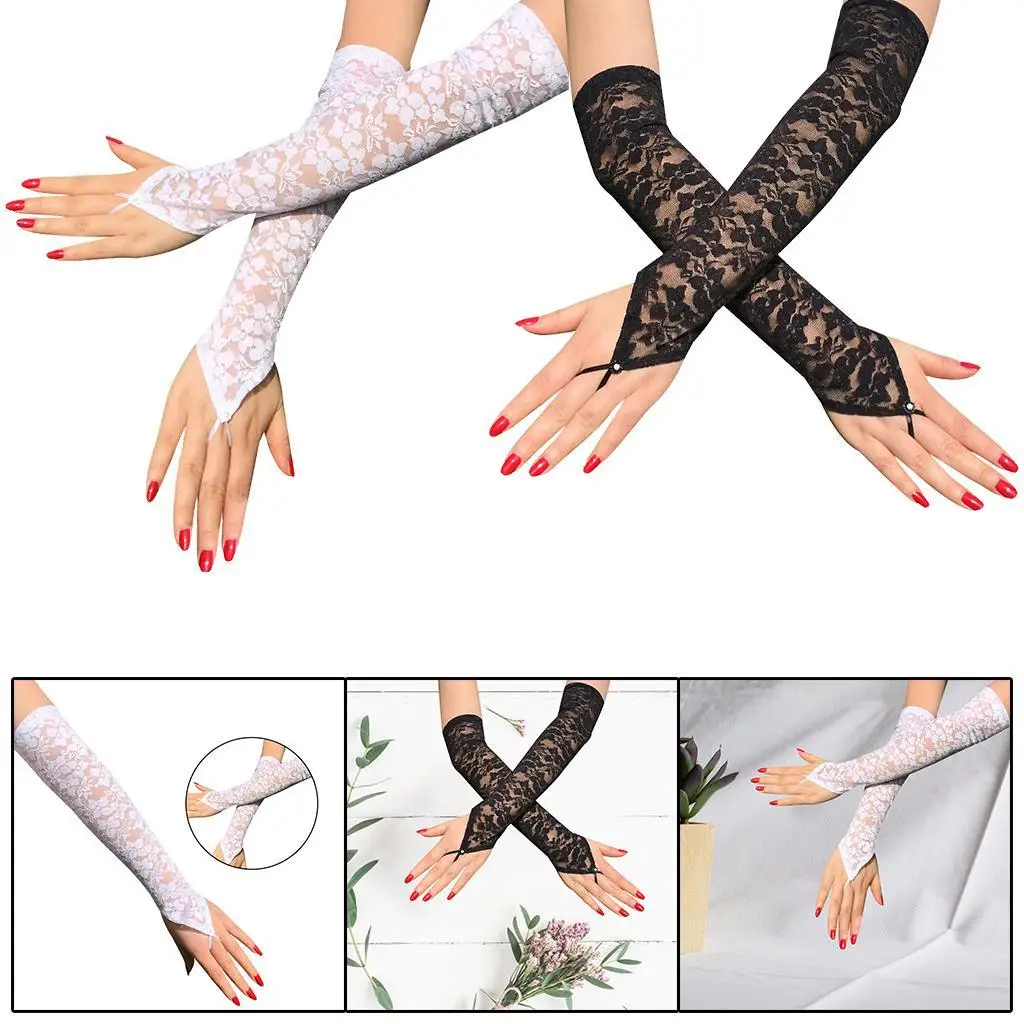 1Pair Dress Party Lace Glove Women Solid Floral Print Fingerless Gloves Stretch Arm Elbow Gloves Summer Sunscreen Mittens