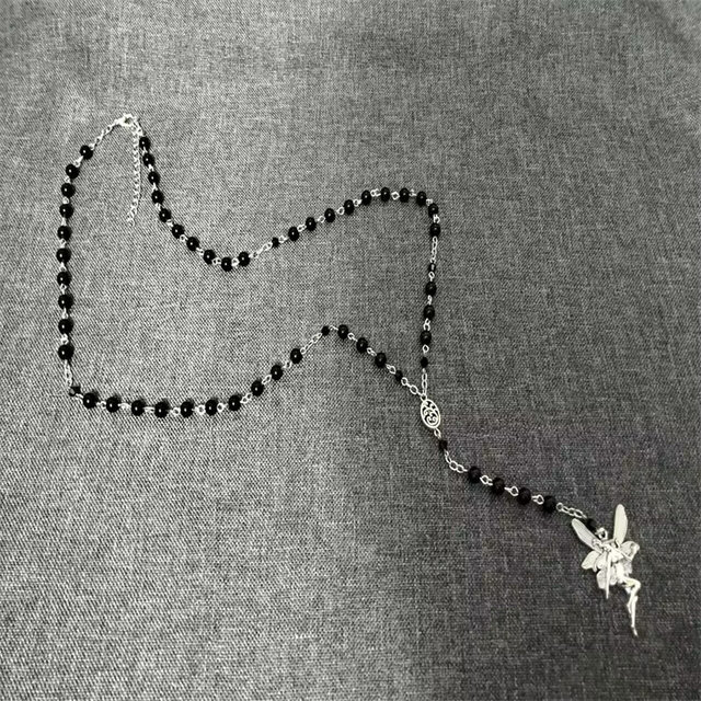 Handmade Fairy Black Charm Inspired Necklace, Rosary Style 