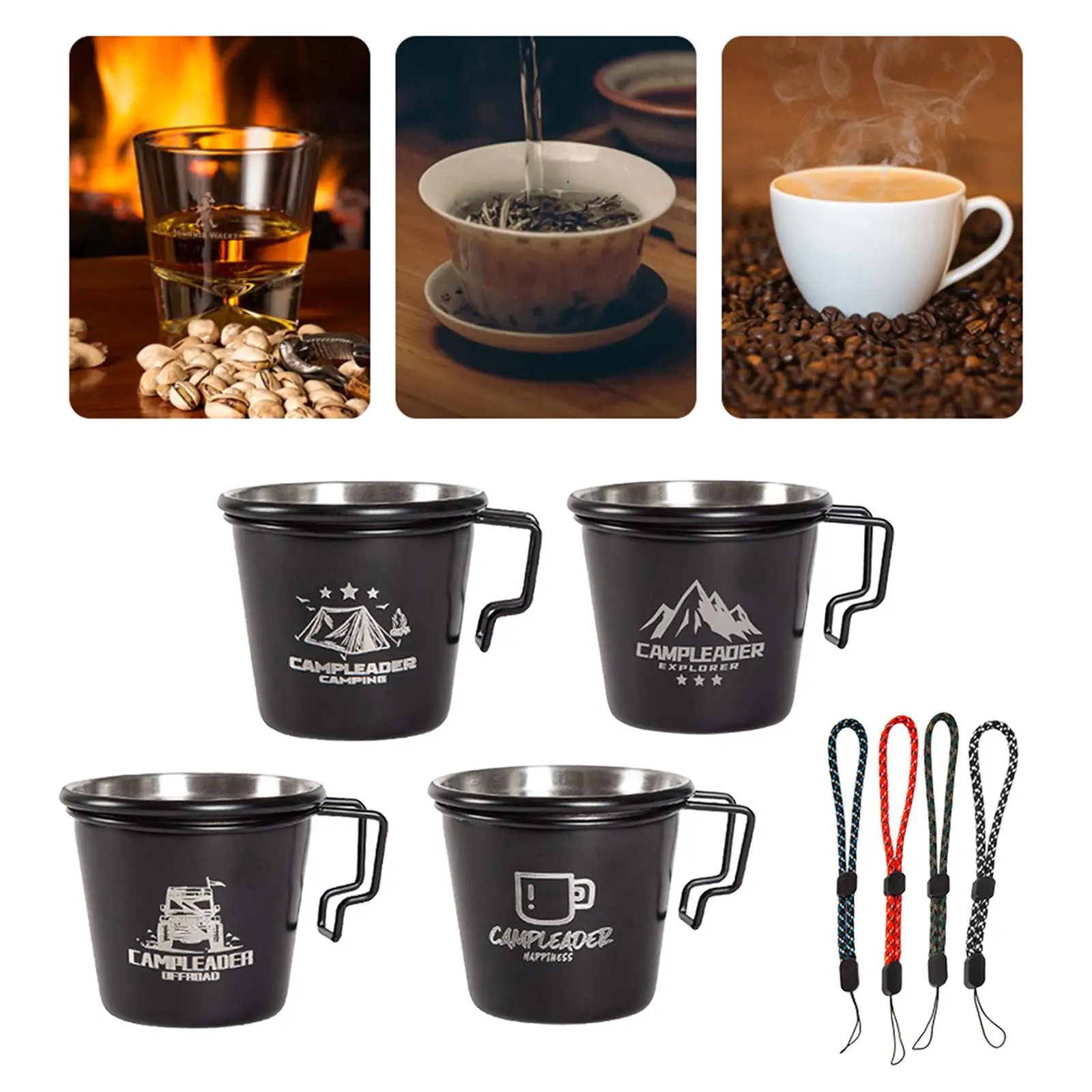 5pcs Outdoor Stainless Steel Coffee Cups Practical Utensils Handle Drinking Mugs Drinkware for Camping Campfire BBQ Backpacking