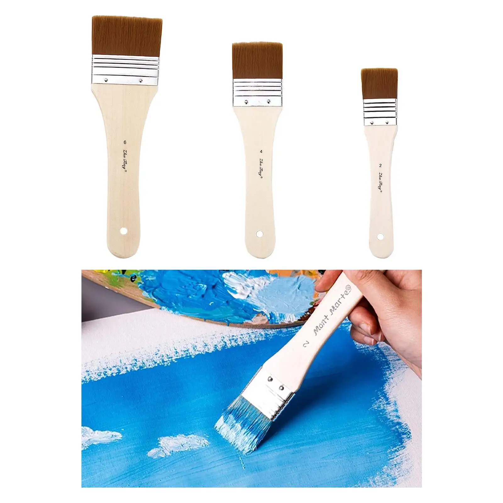 3x Paint Brushes, Wood Handle, Paint Brushes Set, for Oil Painting, Brush, Washable and Reusable