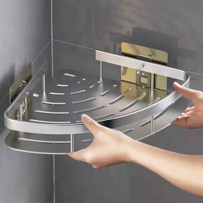 No-punch black aluminum corner shelf easy to install in bathroom