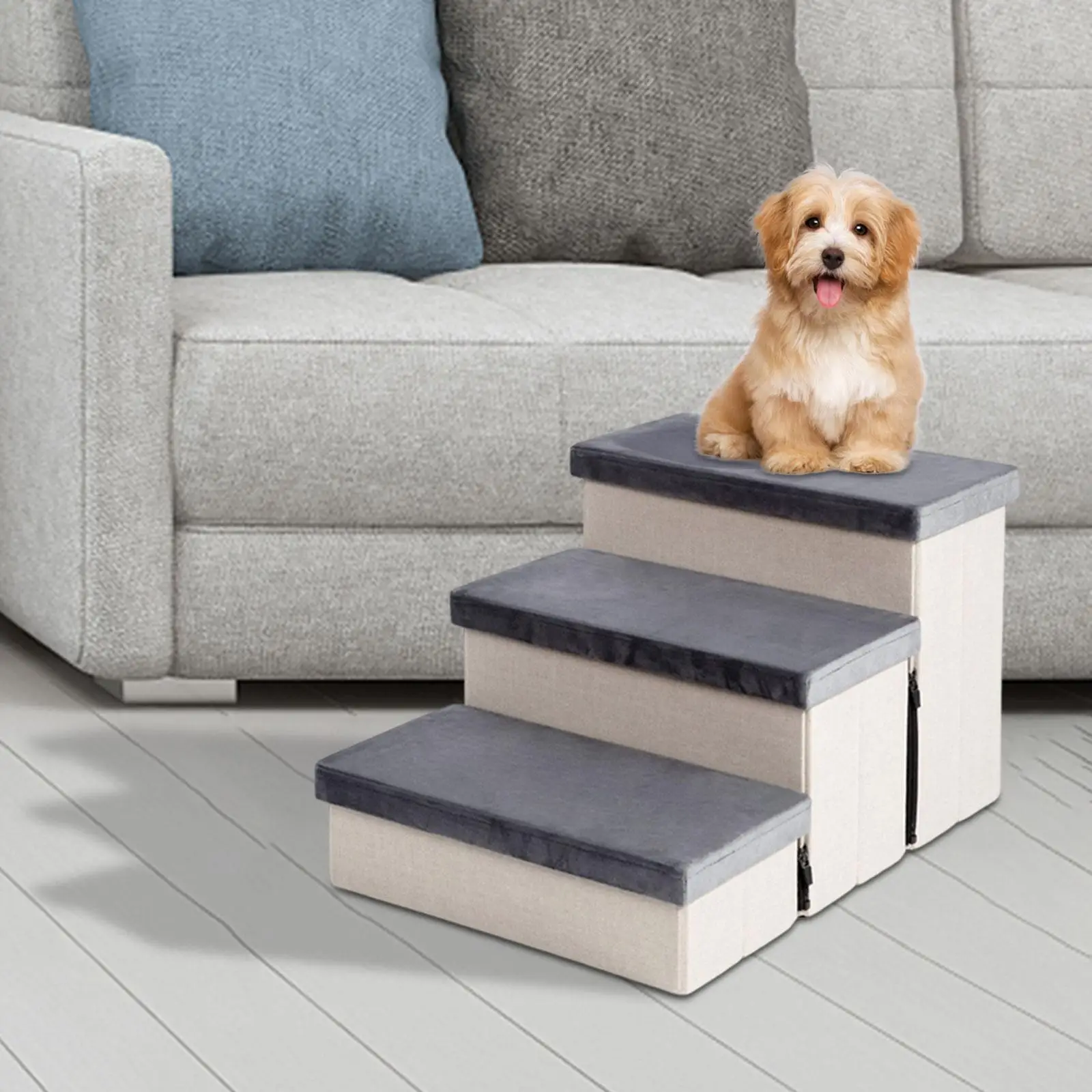 3 Tiers Pet Steps Dog Stairs Removable Cover Pet Climbing Ladder Puppy Toy Storage Box Pet Stairs Ramp for Indoor Couch Bed
