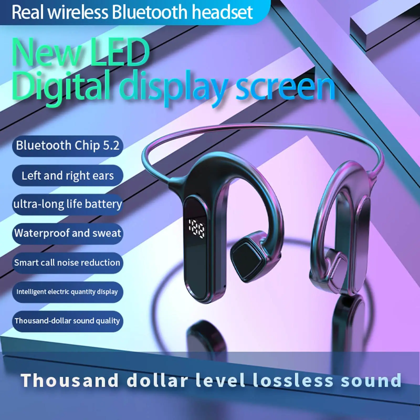Bluetooth Bone Conduction Headphones, LED Display ,with Mic Noise Reduction Open Ear Wireless Headset Handsfree Sport Earphones