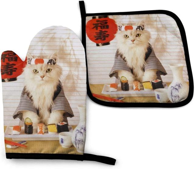 Cute Cat Kitten Oven Mitts and Pot Holders Set of 4, Oven Mittens and  Potholders Heat Resistant Gloves for Kitchen Cooking Baking Grilling BBQ