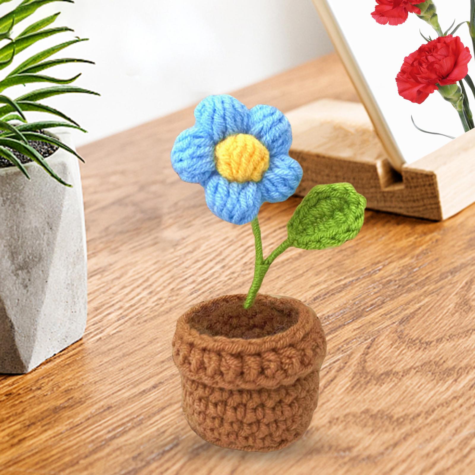 Handmade Crochet Flowers Car Accessories Flowerpot Mini Potted Flowers Dashboard Decoration for Indoor Ornament Birthday Gift