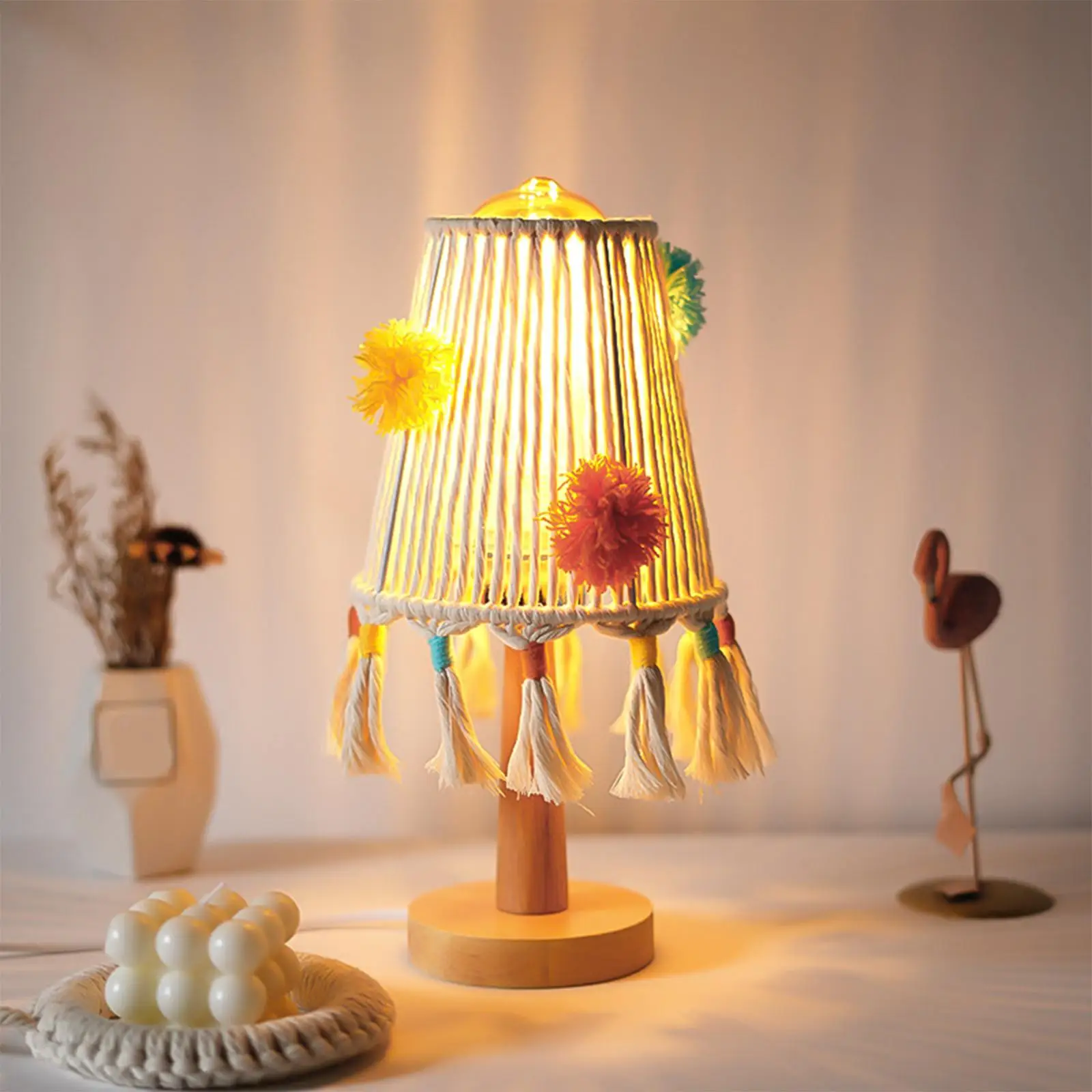 Boho Table Lamp Bedside Lamps Tassel USB Macrame Tapestry Handwoven Nightlight