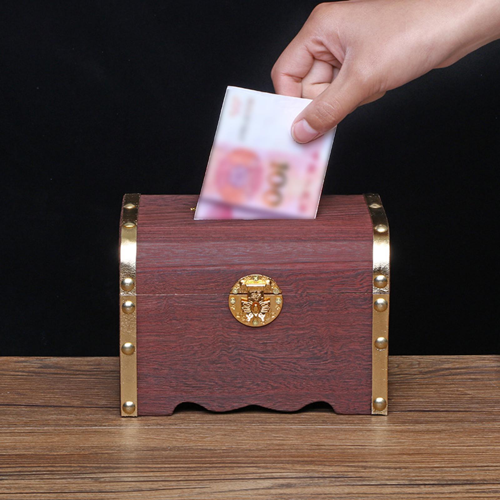 Vintage Wooden Piggy Bank with Lockable Lid Coin Box Jewelry Box Free Standing Treasure Chest for Card Coin Gifts for Kids Adult