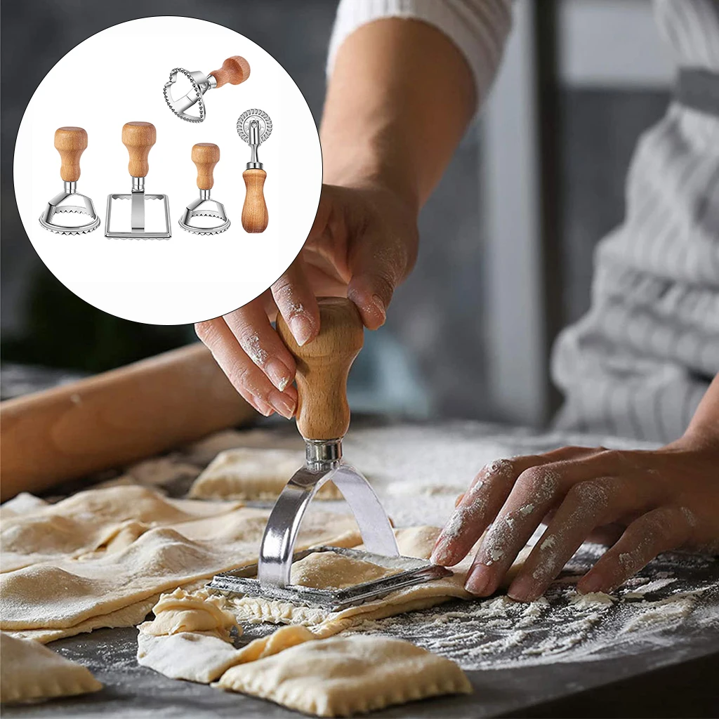 Ravioli Maker Cutter Stamp Set Leading Cutter and Press Stamps with Wooden Handle for Ravioli,,Dumplings 5Pcs
