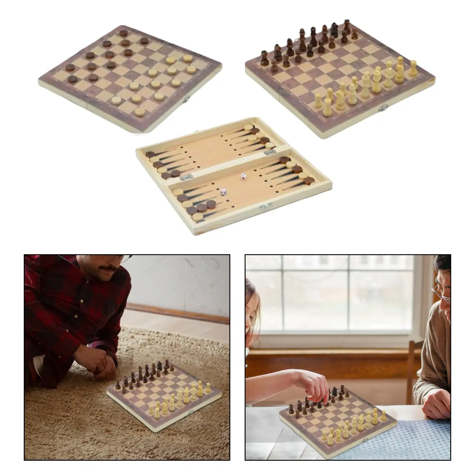 3 in 1 Wooden Chess Set Folding Storage, Portable Chess Checkers Backgammon Sets Board Games for Indoor