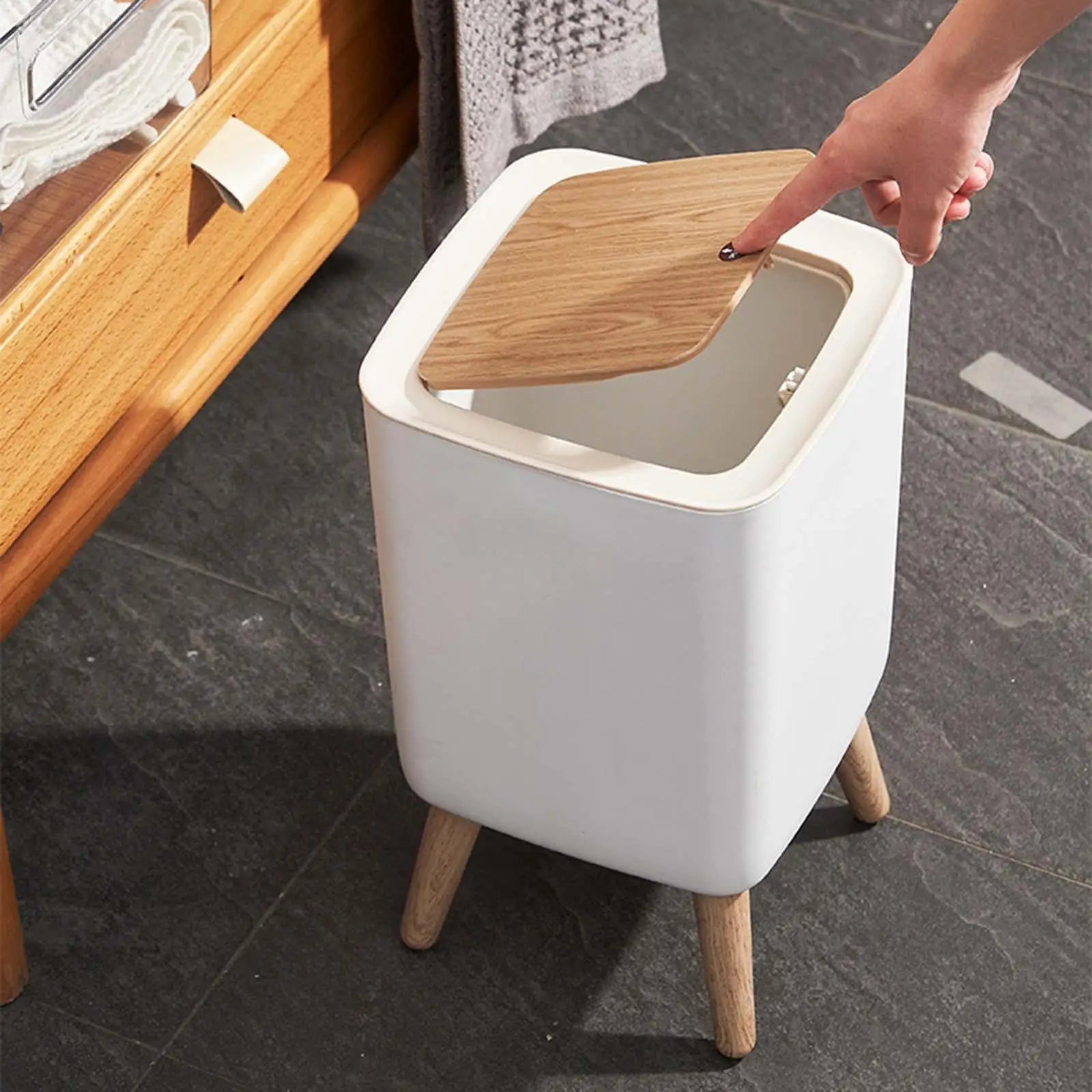 Countertop Trash Can Press Dustbin Garbage Can High Foot Rubbish Bin with Lid