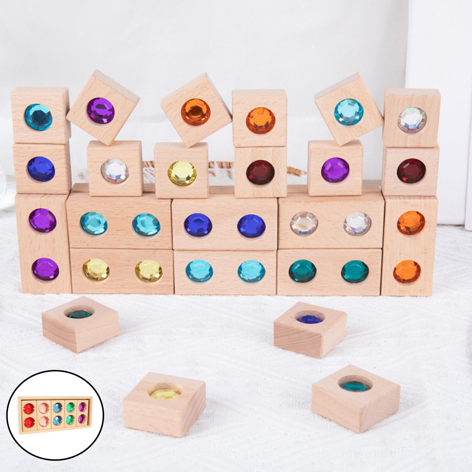 Wooden Toy Translucent Construction Geometric Rainbow GEM Blocks Stacking Blocks Toys for Developing Color Perception Baby Kids