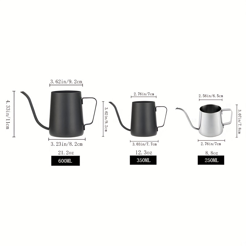 Three kettles from the 304 Stainless Steel Milk Cup Coffee House Essential High-Quality Coffee Set, a perfect coffee accessory, are presented in sleek, modern designs. Their labeled dimensions and capacities are 600ml (8.2cm x 11cm), 350ml (9 x 7cm), and 250ml (6.5cm x 7cm). These kettles offer long spouts ideal for frothing milk or brewing with precision.