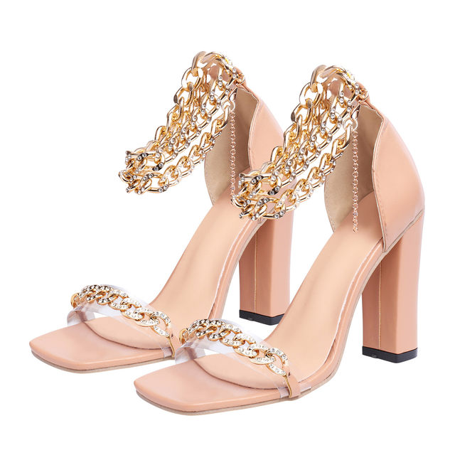 Mollyshoe Gold-Tone Chain Embellished Ankle Strap Chunky Heels