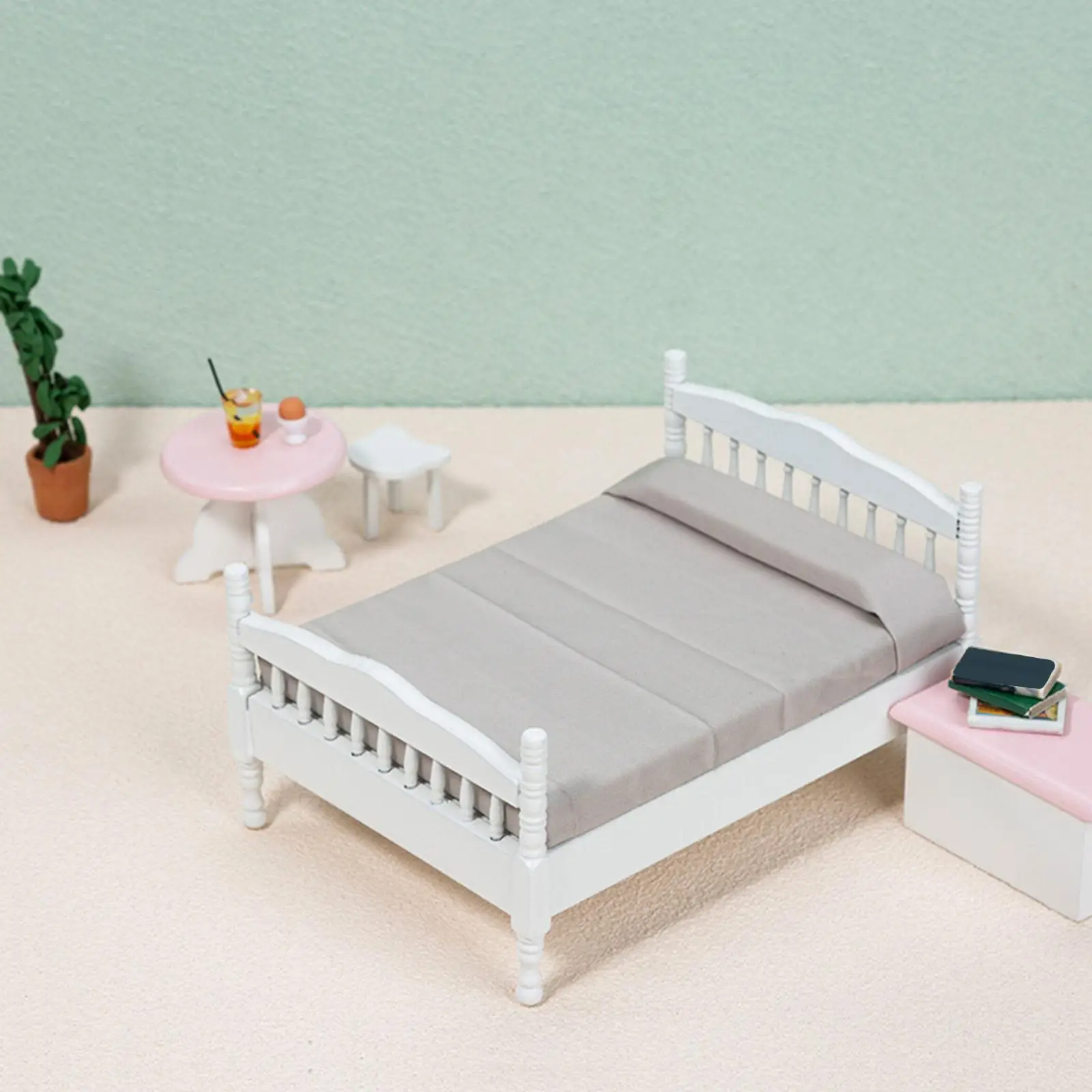 Handcrafted Dollhouse Mini Bed Doll House Furnishings Model Toys Pretend Play Toy 1/12 Wooden Double Bed for Girls Adults Gifts