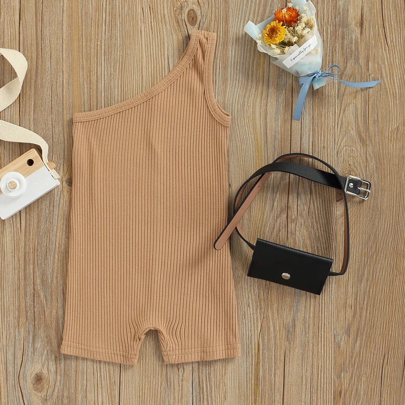 Bamboo fiber children's clothes 1-6Y Fashion Summer Children Girls Jumpsuits Kids Solid Ribbed Knitted One Shoulder Rompers Jumpsuits with Bag Casual Clothes bulk baby bodysuits	