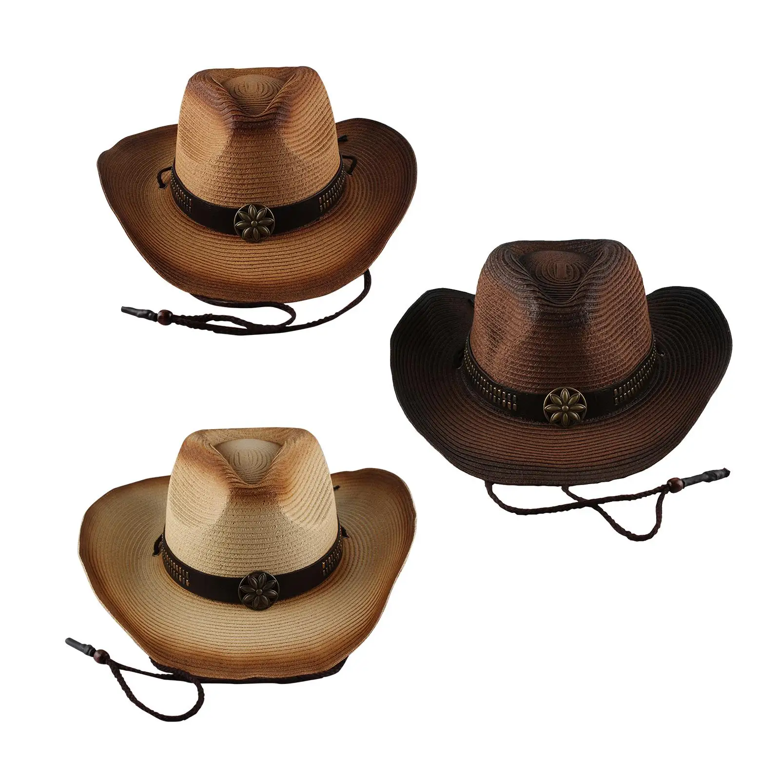 Women and Men Western Style Cow boy Hat Wide Brim Panama Cowgirl Hat with Lanyard with Buckle Sun Hat Fashionable for Travel