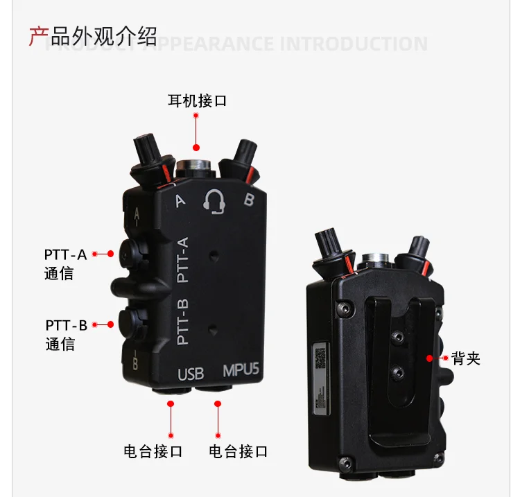 Un dispositivo con varios conectores y puertos, que parece ser un tipo de equipo electrónico, posiblemente una fuente de alimentación o un dispositivo con múltiples opciones de entrada/salida. Hay etiquetas tanto en chino como en inglés, que indican las diferentes partes del dispositivo.
