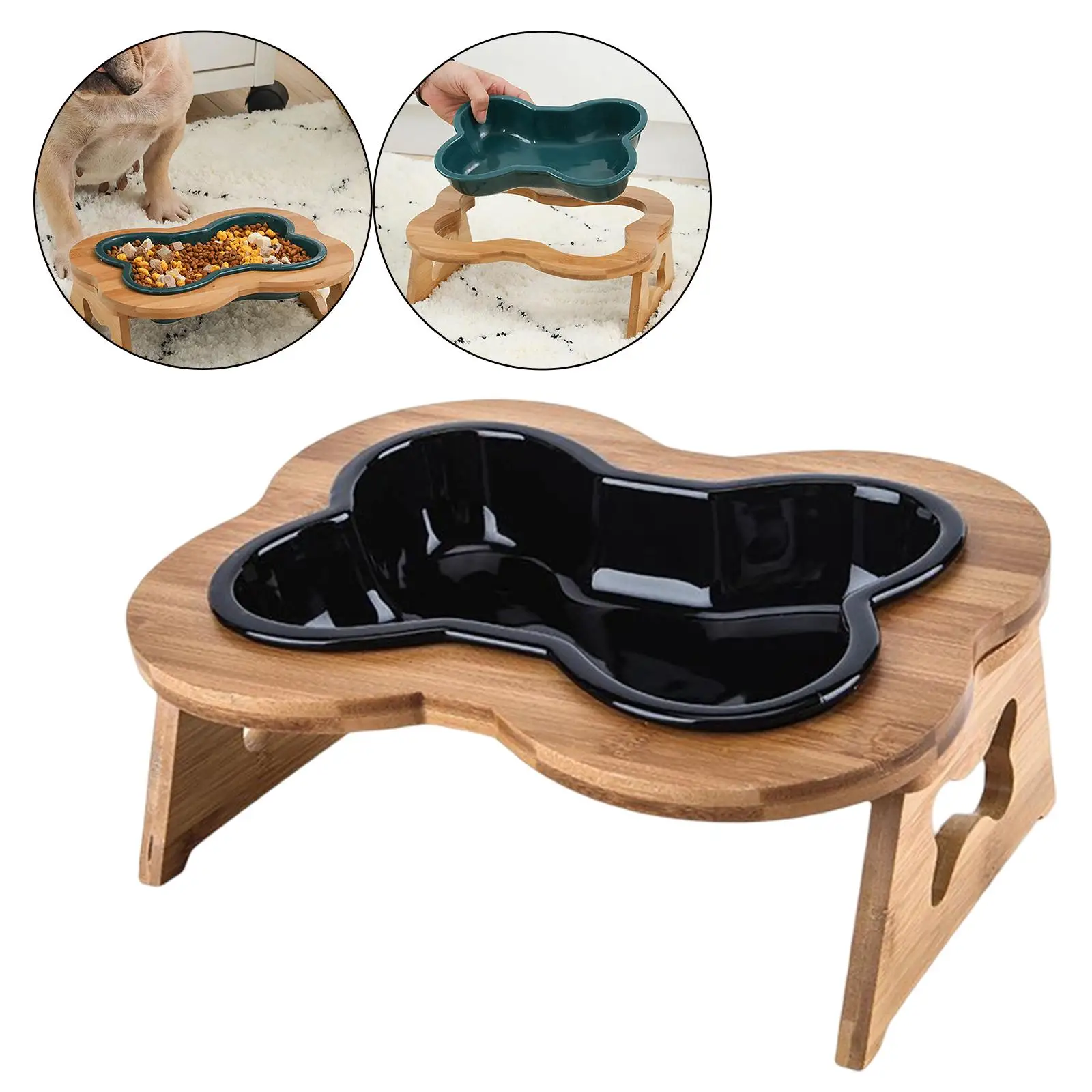 Bone Shaped Pets Dogs Bowls with Wooden Stand Dog Dishes Elevated Skid Proof Pet Feeding Bowl Anti Vomiting Pet Feeder