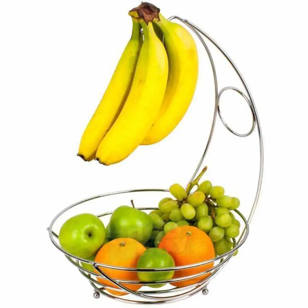2 In 1 Chrome Iron Banana Hanger Fruit Bowl Tree Holder Basket Stand Hook kitchen Fruits Basket 240x240x440mm
