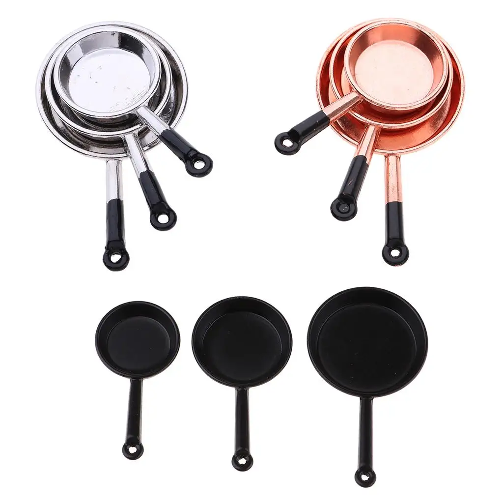 Handcrafted 1/12 Dollhouse Miniature Cooking and Baking Set Metal Pots Pans Skillet Cookware Model Kids Pretend Play Toys 3pcs
