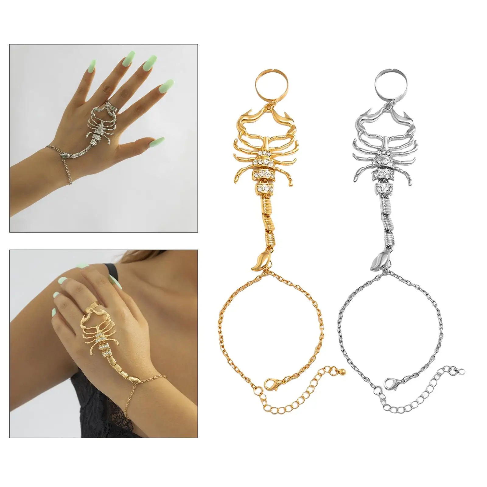 Scorpion Finger Ring Hand Chain Rhinestone Gothic One Size Bracelet for Girls Teens