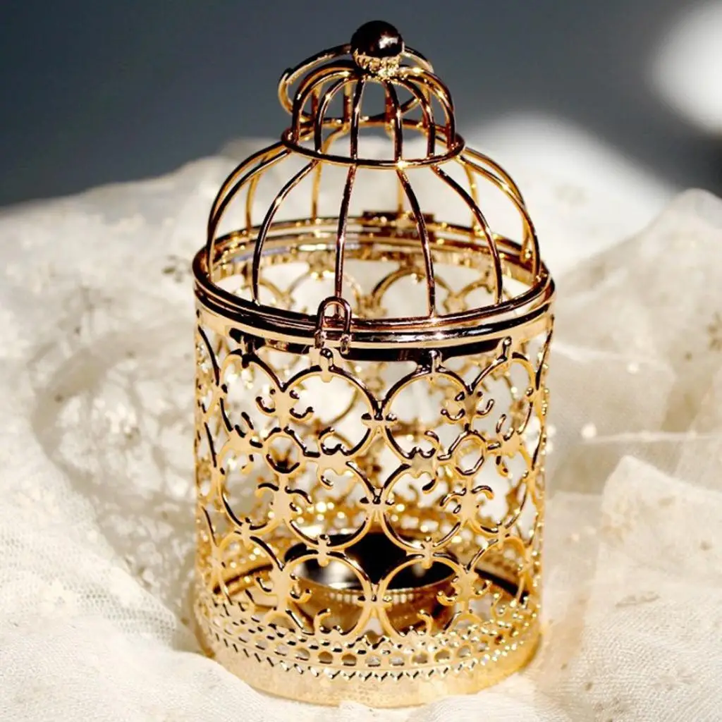 Metal Hollow Birdcage Candle Holder Tealight Hanging Candlestick - E-Rose Gold