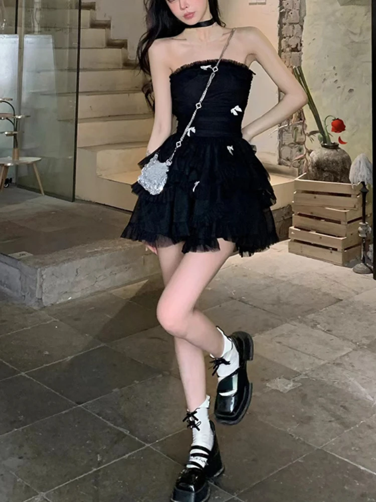 2023 Summer Even Party Black Dress Women Casual Corset Y2k Mini Dress Office Lady Sleeveless Bodycon Lace One Piece Dress Korean